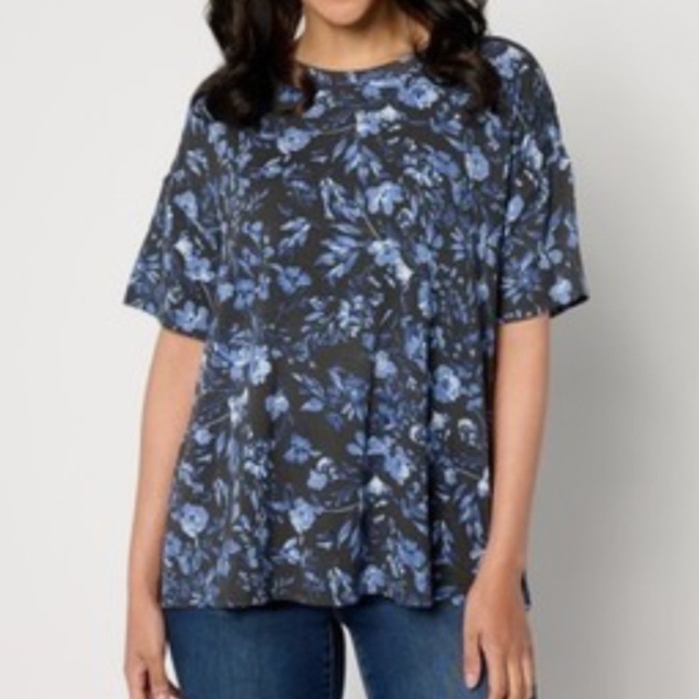 Nicole Miller Luxe Modal Drop Shoulder Watercolor Floral Tee Shirt‎ Top XS